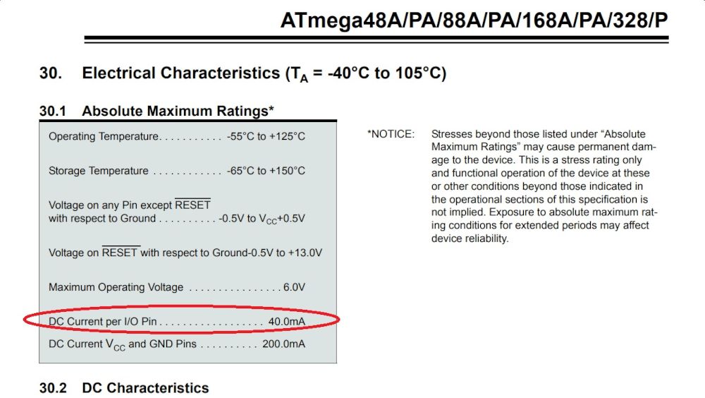 Screenshot from megaAVR® Data Sheet showing Absolute Maximum Ratings table that DC Current per I/O Pin is 40 mA