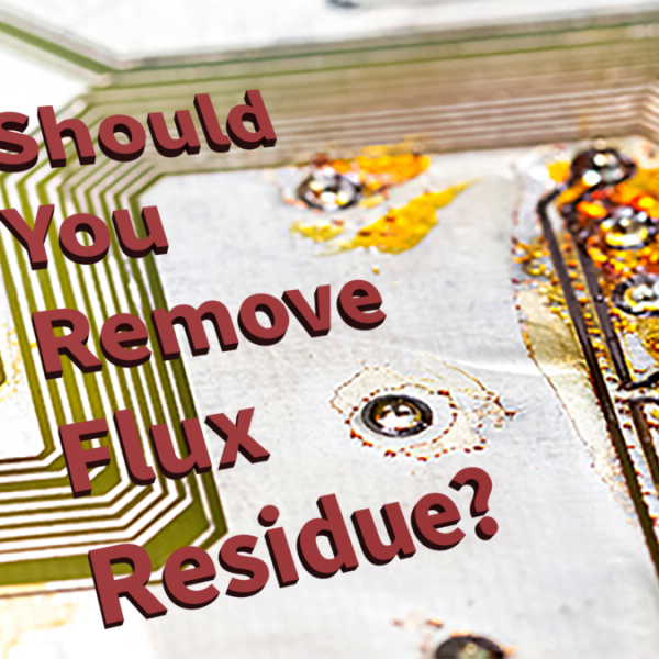 White PCB with soldering flux residue with text on "Should You Remove Flux Residue?"